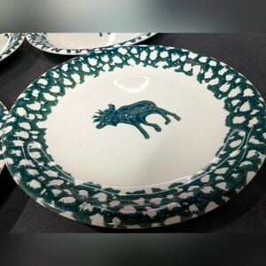 Tienshan Folk Craft Moose Country green spongeware 8" ceramic 4 salad plates